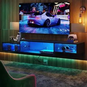 59 Inch Floating TV Stand With LED RGB Lights And Power Outlet, Wall Mounted Media Console Cabinet With Open Storage Shelf, Multifunctional Floating Entertainment Center For Gaming Box Audio Video Living Room Bedroom Decor