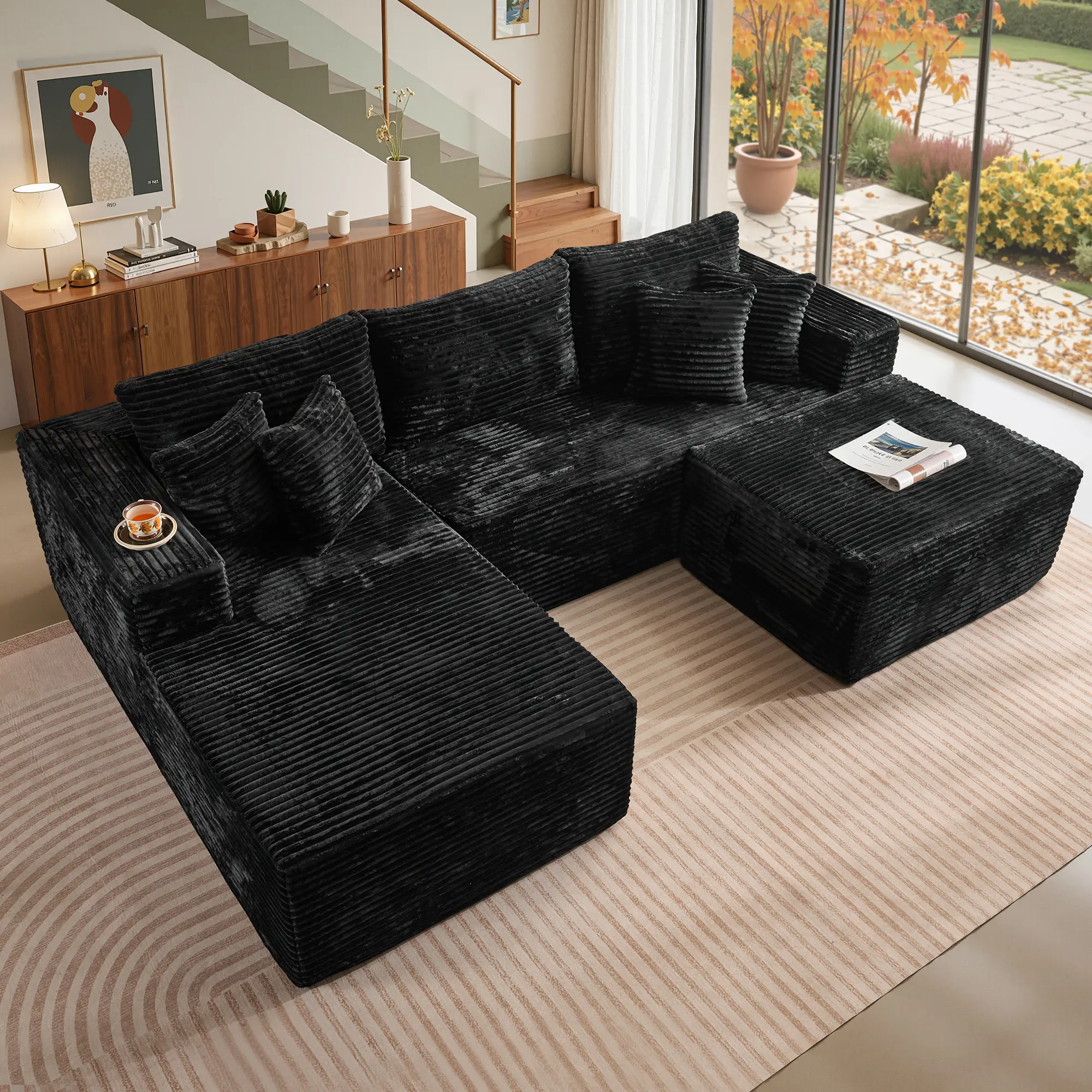 108” Black L Shape Left Chaise With Ottoman
