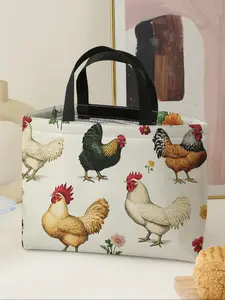 Women's Casual Rooster Pattern Handbag Tote Lunch Bag, Portable Picnic Food Beverage Bag, Large Capacity Camping Student Meal Delivery Bag, Reusable Lunch Bag