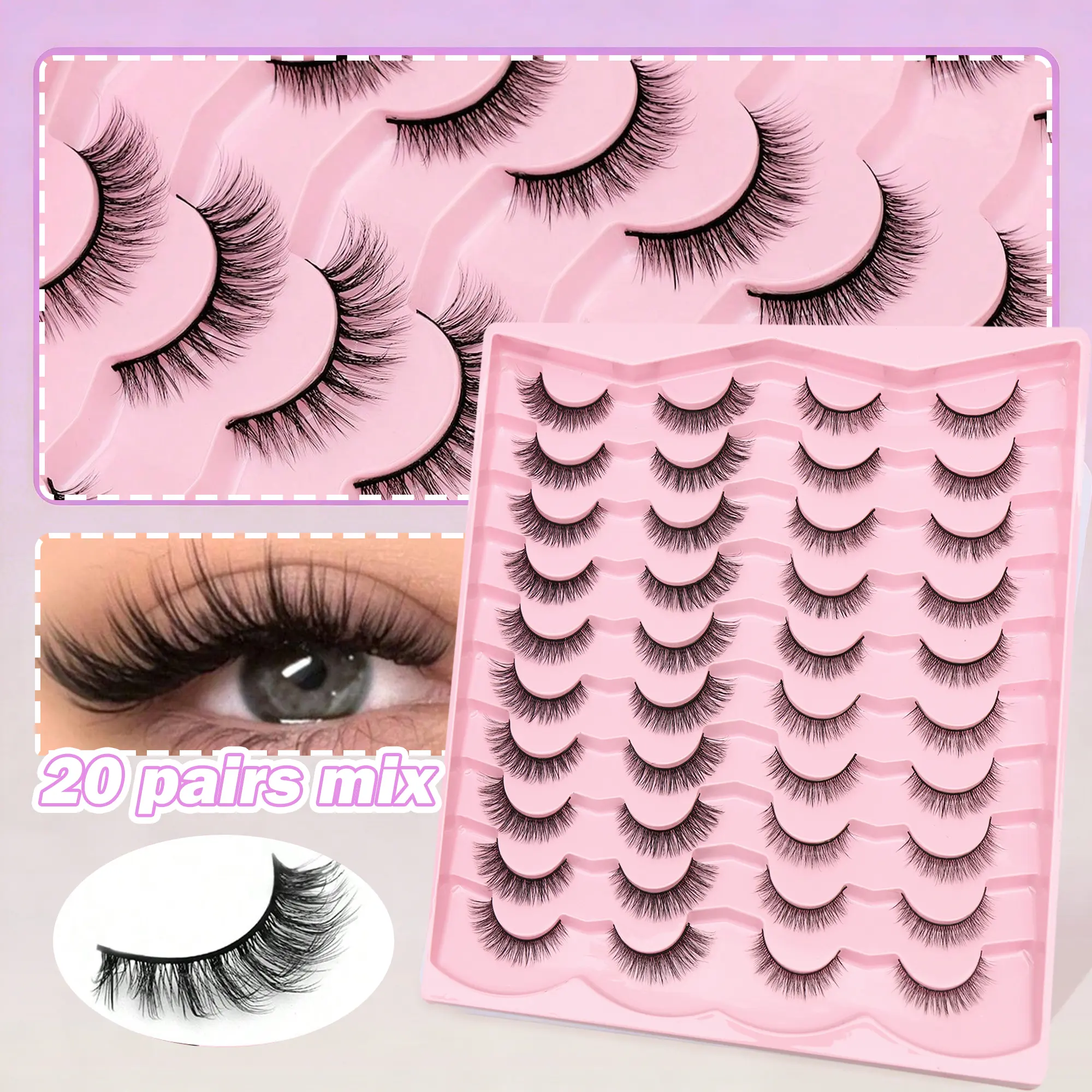 20 Pairs 0.05mm 3D DD Curl Artificial Mink False Eyelashes, Cosmetic Mixed Natural & Dramatic Styles, Soft Fluffy Flexible Crossed Lashes with Reusable Eyelash Tools