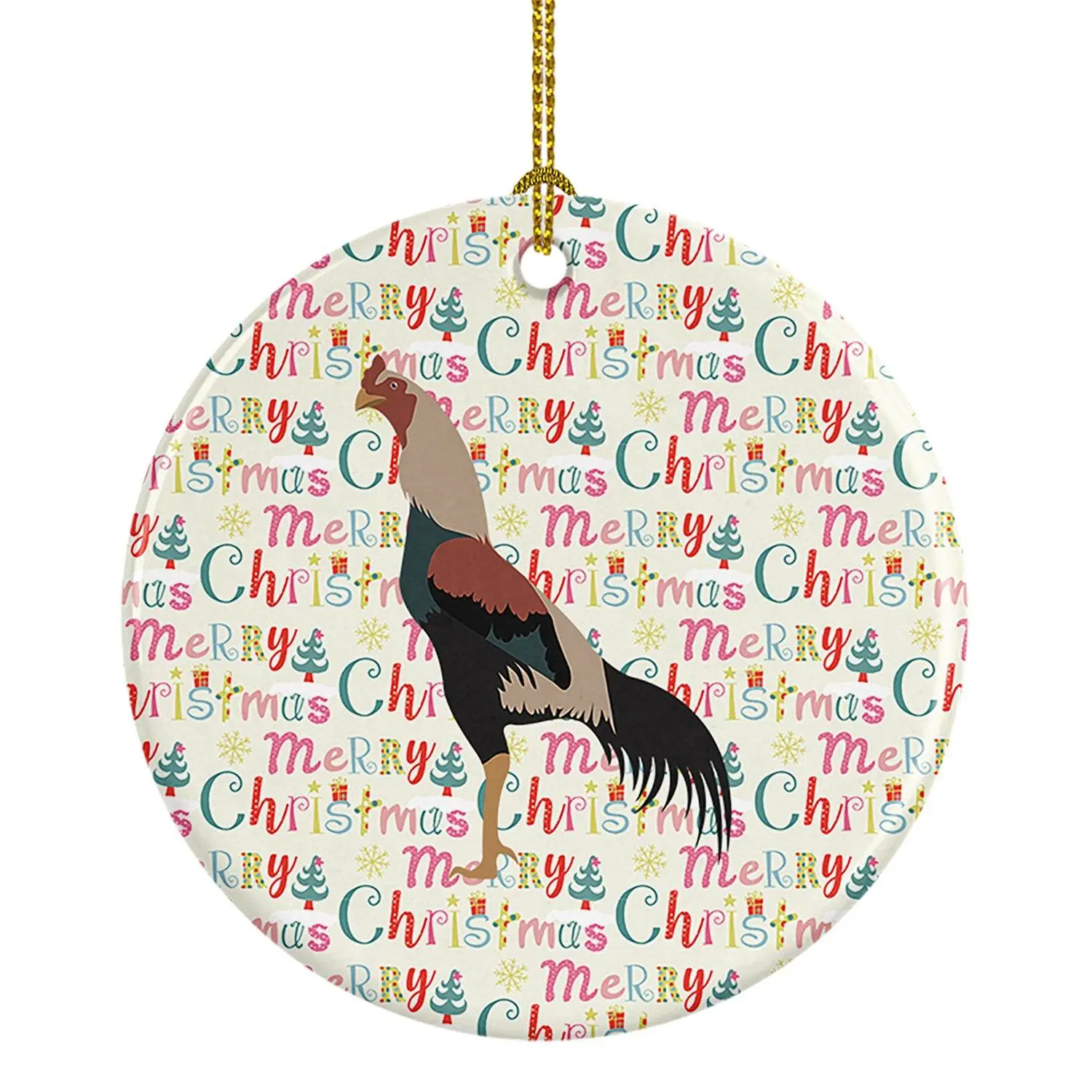 Ceramic Chicken Motif Christmas Ornament, 2.8125" Dia. Round Shape Tree Decoration, Festive Home Decor, Ceramics, Personalizable Back