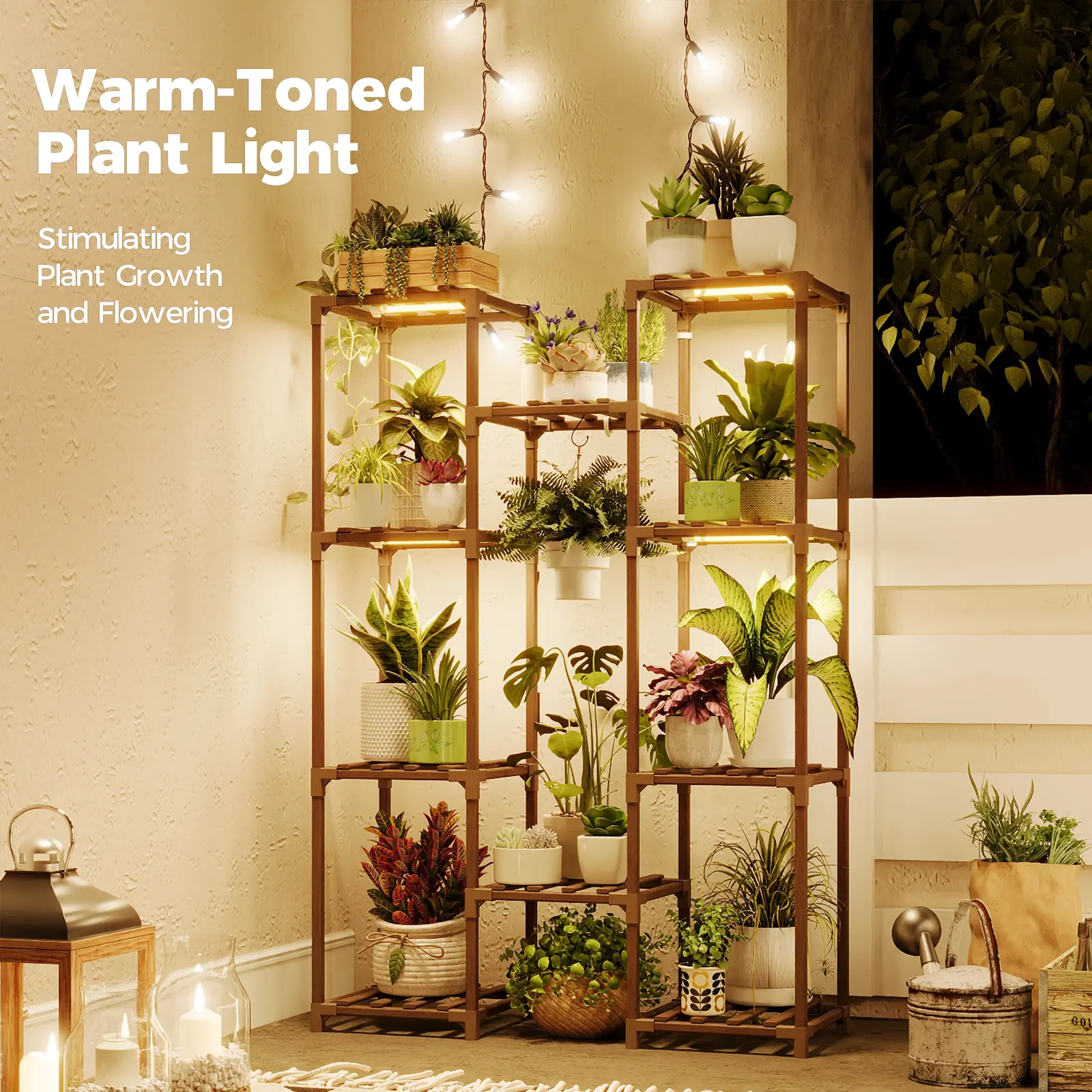 Bamworld Large Plant Shelf with Warm Grow Light, Indoor Plant Stand with Multiple Pot Support, Boho Home Decor for Living Room, Gardening Supplies, Indoor Plant Stands tiktokshopspringglowup