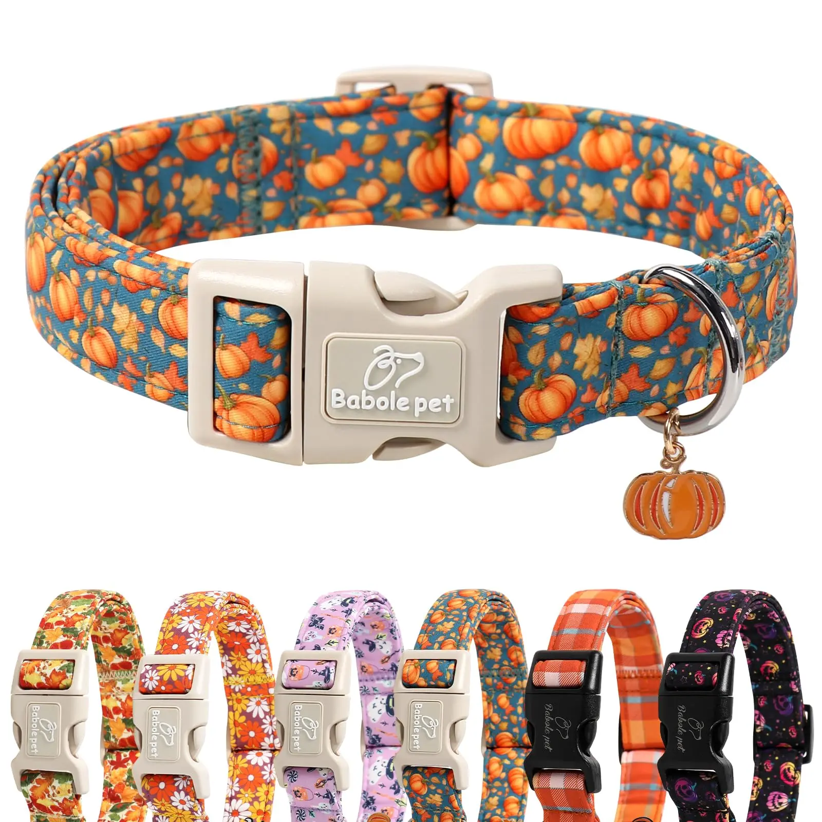 Amber Fall Pumpkin Cotton Dog Collar - Durable Plastic Buckle, Lightweight, Comfortable Wear, Adjustable Collars, 5/8" Wide, 8-12" Necks, Secure Walk Fit for Small/Large Dogs