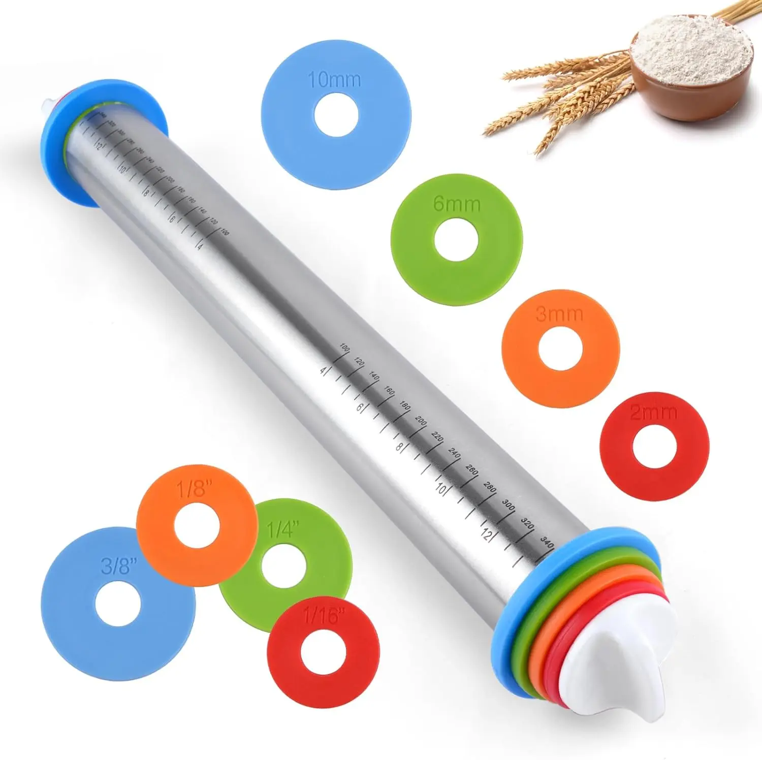 QUSEVOO 17 in Stainless Steel Adjustable Rolling Pin - Bakery Style Dough Roller Baking Utensil, Silver Gray Bakeware with Non-Stick Surface, Weighted Design, Adjustable Thickness Rings for Pastry, Cookies