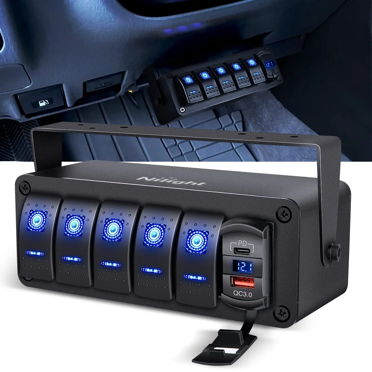 Nilight 5-Gang Detachable Pre-Wired Rocker Switch Box - 12V SPST ON-Off Switch, PD Type-C & QC 3.0 Dual Charge Ports, Voltmeter, Waterproof Dustproof Aluminum Panel for Caravan, Off Road Lights, RV Trucks, Yacht