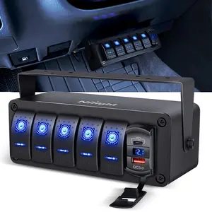Nilight 5 Gang Rocker Switch Box 12V SPST ON Off Switch PD Type C and QC 3.0 USB Charger Voltmeter Waterproof Aluminum Rocker Switch Panel DIY Stickers for Boats Cars RVs Trucks Utvs Caravan