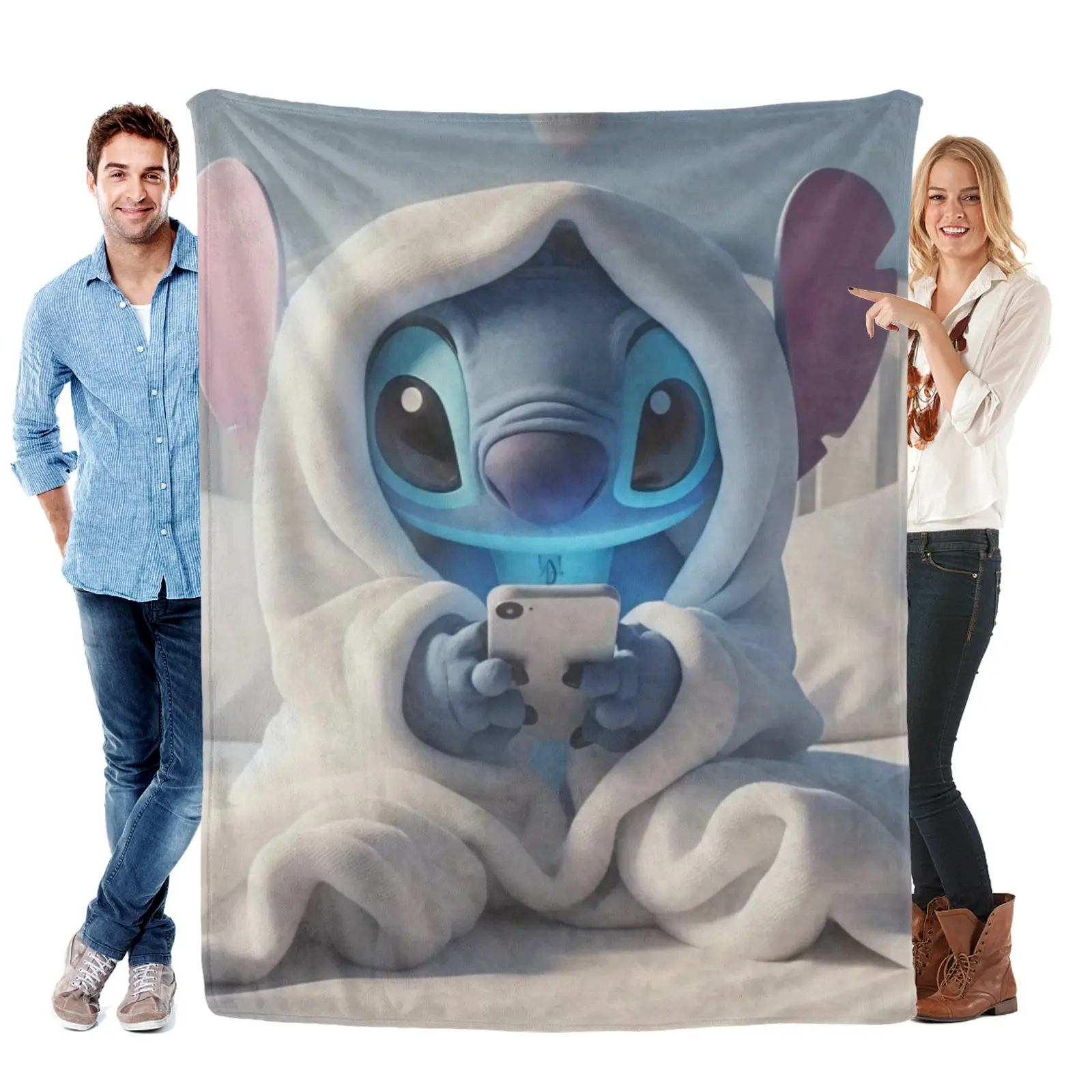 Disney Stitch Printed Throw Blanket, With Phone User Pattern Soft Flannel Cozy All Season Cover For Sofa Bed, Office Teens And Kids