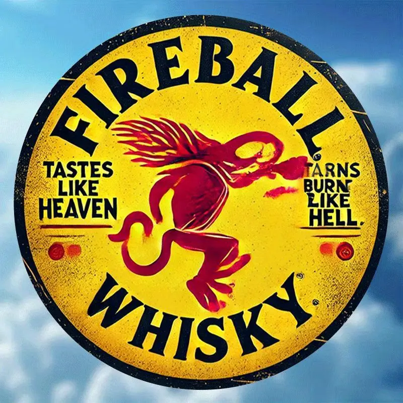 1PC 2D Flat "Fireball Whiskey" Retro Classic Round 20.32cm Vintage Metal Sign, wall metal plaque, Whiskey Flame, Decoration Items, for Home and Wall Decoration Art, Perfect for Bars, Coffee Shops, Perfect New Year Gift