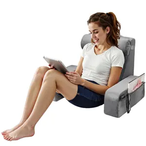 VEVOR Reading Pillow,  Backrest Support Pillow with Arm and 3 Pockets, Large Size Bed Pillow with Removable Headrest & 25D Sponge, Handle for Easy Carrying, for Reading, Gaming, Resting, Working, Grey
