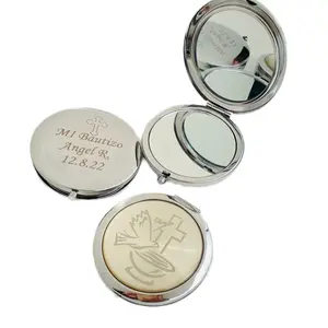 12pcs Personalized Baptism & Communion Favors Gold Travel Hand Mirror with Organza Bag for Boys Girls