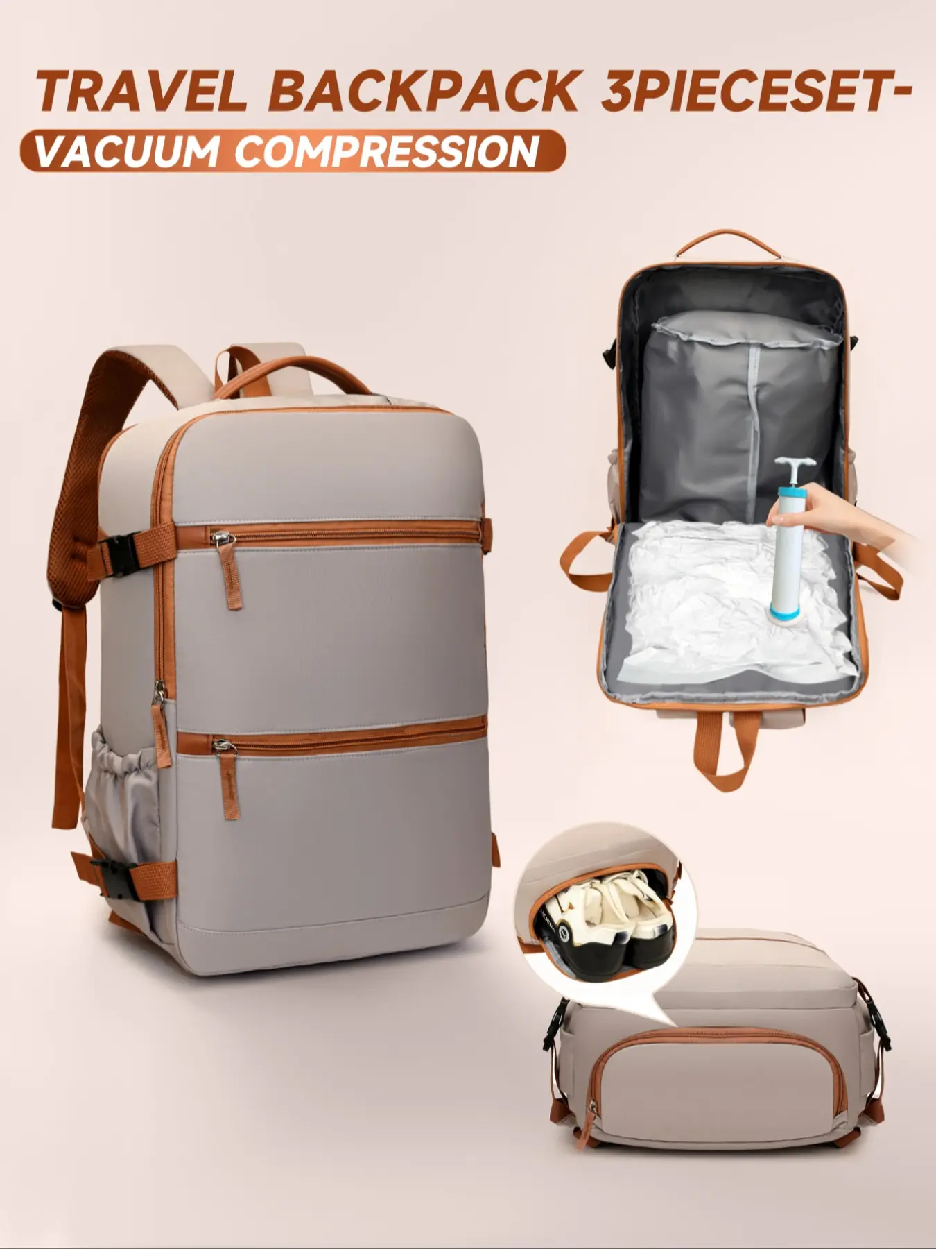 Vacuum Compression Backpack for Travel, Carry On Travel Backpack, Increases Capacity by 51%, Can Be Carried on Airplane, Includes Manual Air Pump, Fits on Suitcase, Multi Functional Backpack