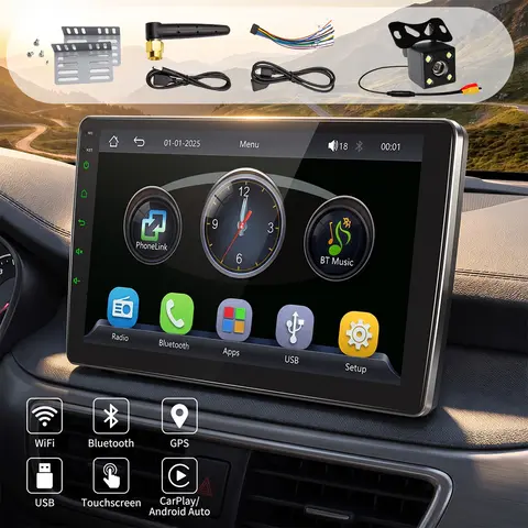 【ToolUpgrade】360-Degree Rotatable MP5 Car Stereo, Android 15, 4GB RAM 64GB ROM, Bluetooth 5.0, FM/RDS, 6 RCA Output, Touchscreen & Knob Control, Wireless CarPlay & Android Auto Adapter, Car Accessories