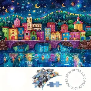 1000 Piece Cartoon Abstract Town Puzzle, Large Adult Family Interactive Toy, DIY Home Decor Brain Challenge, Holiday Scene, Perfect Gift