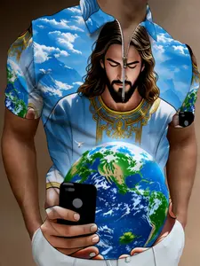 Short Sleeve Zipper Polo Shirt with Planet Pattern Print, Men's Summer Trendy Casual Top, Beach Vacation Printed Style