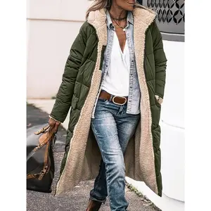 Knee-Length Polyester Long Padded Jacket Coat - Elegant Solid Color Fleece Lined Winter Warmth Outerwear with Zipper Detail Fabric Puffer Womenswear Can be used with a raincoat