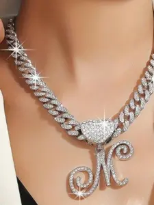 Women's Initial Necklace Silver Color Cuban Chain Heart Letter Pendant Custom Name Necklace Hip Hop Jewelry Gift