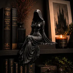 Gothic Lady Reaper Figurine, Dark Academia Bookshelf Decor, Mysterious Accent, Gothic Hooded Woman Statue, Dark Academia  Figurine for Home Decor, Mysterious Black Cloaked Lady Sculpture for Goth Room & Bookshelf, Witchy Spooky Accent for Alt Aesthetic