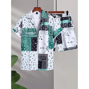 Men's Paisley Print Button Front Co-ord Set, Boho Lapel Shirt & Drawstring Waist Shorts Set, Two-pieces Outfits for Summer Beach VacationGift