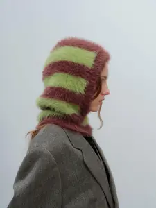 Unisex Striped Pattern Faux Fur Lined Balaclava Hat, Casual Windproof Warm Knit Hat for Fall & Winter, Fashion Accessories for Outdoor Commuting, Balaclava Mask