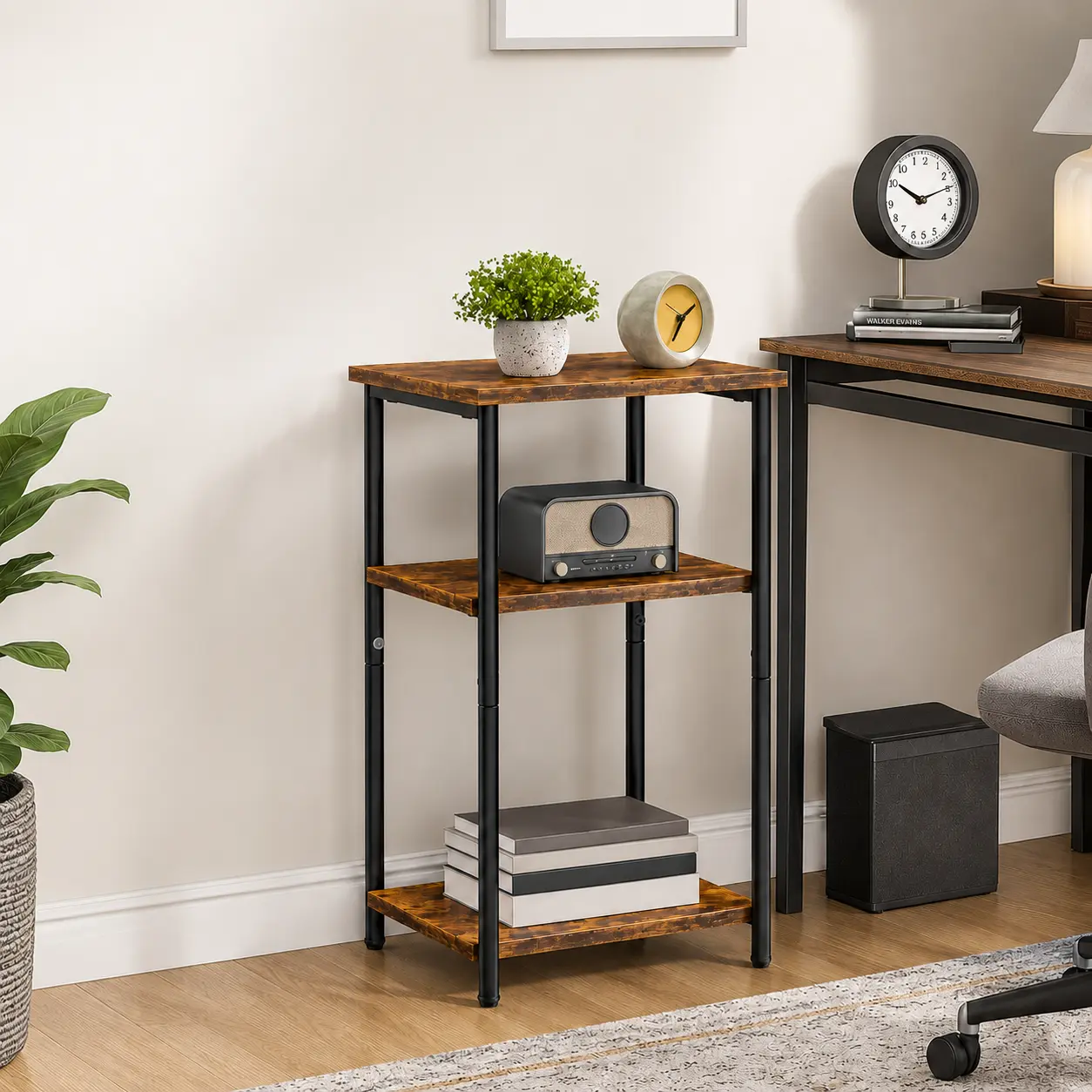 Set of 2 End Tables, 3-Tier Side Tables with Adjustable Height Storage Shelves, Rustic Brown Nightstands, Narrow Sofa Tables for Small Spaces, Bedroom, Living Room, Office, Bedside Table, Coffee Table Stand
