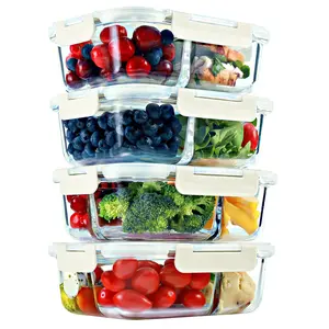 2 & 3 Compartment Glass Meal Prep Containers with BEIGE Lids (4 Pack, 32 oz)