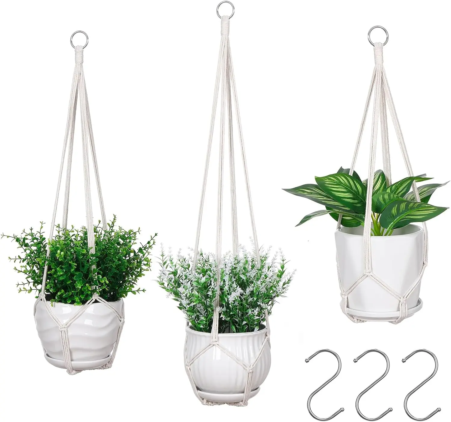 3-Pack Multi-Size Macrame Hanging Planter Baskets with 3 Hooks, 35/29/23in Crochet Holders (No Tassels) – Space-Saving Boho Decor for Plant Lovers, Decor Fans, Garden Enthusiasts, Indoor Outdoor Use (POTS NOT Included)