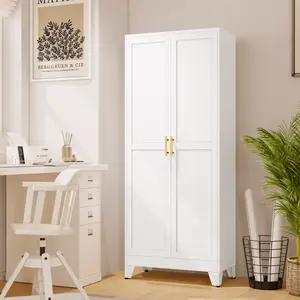 Metal Pantry Cabinet with 2 Doors and Adjustable Shelves - 71" Kitchen Storage Cabinet with Gold Handles - Versatile Storage for Kitchen, Bathroom, Dining Room, Utility Room - White