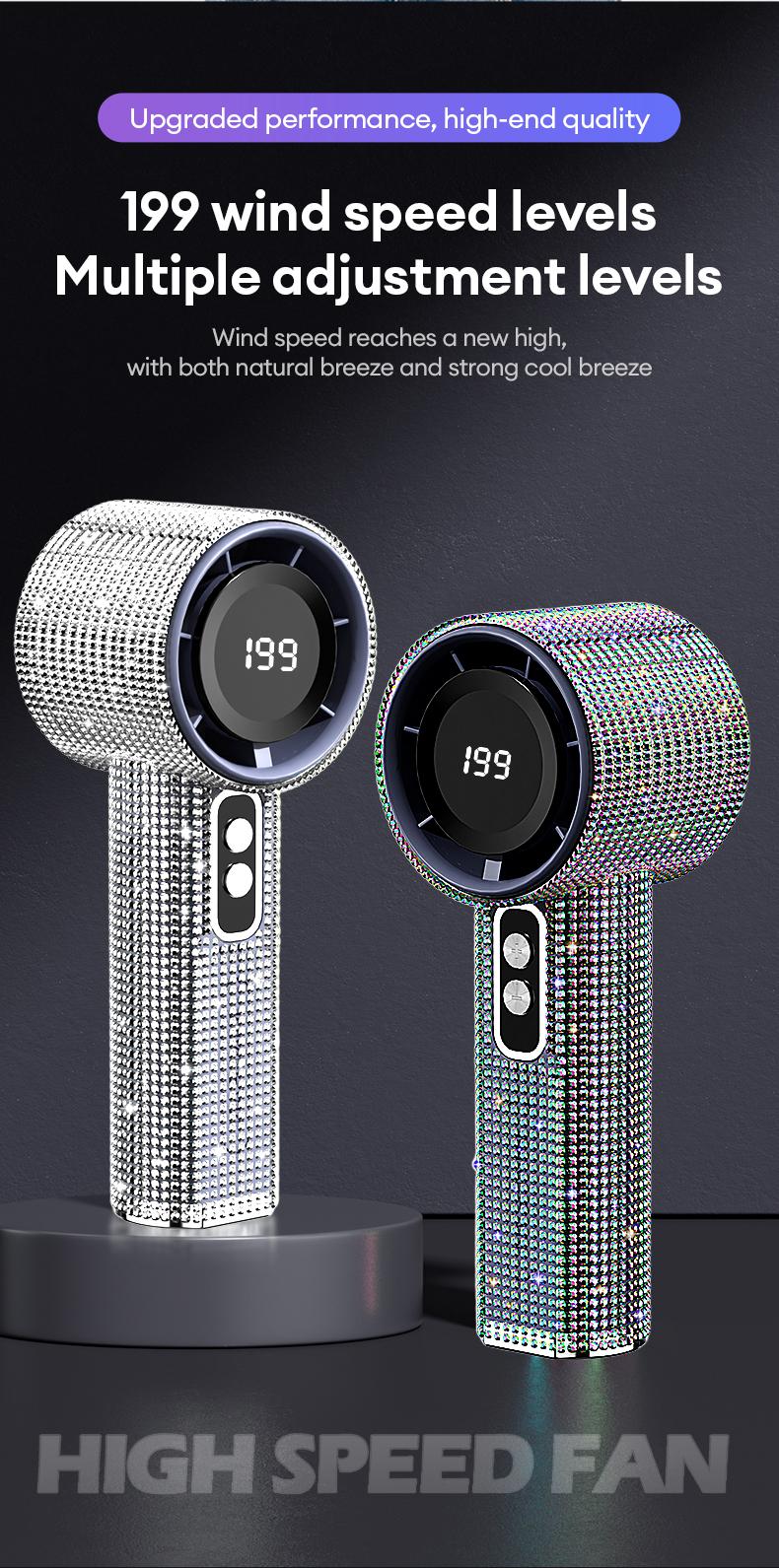 PAXA M15 Full Diamond Luxury Craftsmanship Portable Handheld Fan, 3 Gear Wind, Rechargeable Long Battery Life Hand Fan With Digital Display For Outdoor Activities, Travel, Office, Wonmen's gift