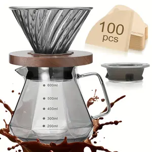 Pour Over Coffee Maker Set, 20 oz Borosilicate Glass Carafe with 100 pcs V02 Paper Filter, Walnut Handle & Glass Lid, Drip Coffee Maker for Home Café Restaurant Camping, 600ml, Gray, Coffee Brewer