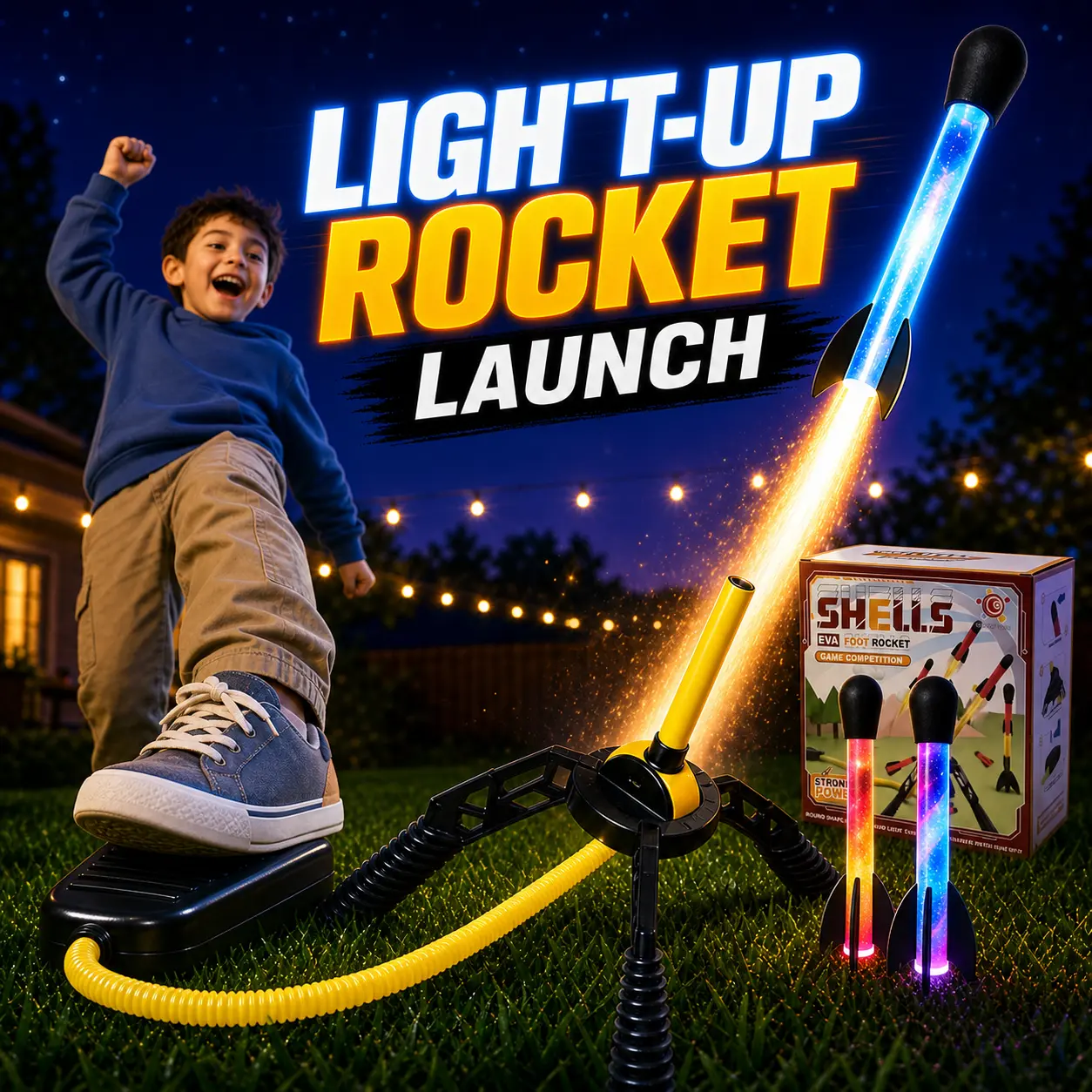Glow-in-the-Dark Rocket Launcher for Kids, Soft Foam Stomp Rocket Toy, 60 ft Flying Outdoor Summer Toy for Backyard/Park, No Batteries Required