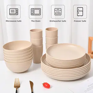 ANSQU 16Piece Wheat Straw Dinnerware Set - Plates and Bowls for 4, Unbreakable, Dishwasher & Microwave Safe, Reusable, Lightweight Tableware, Ideal for Camping and Everyday Use, Beige Color, Solid Design