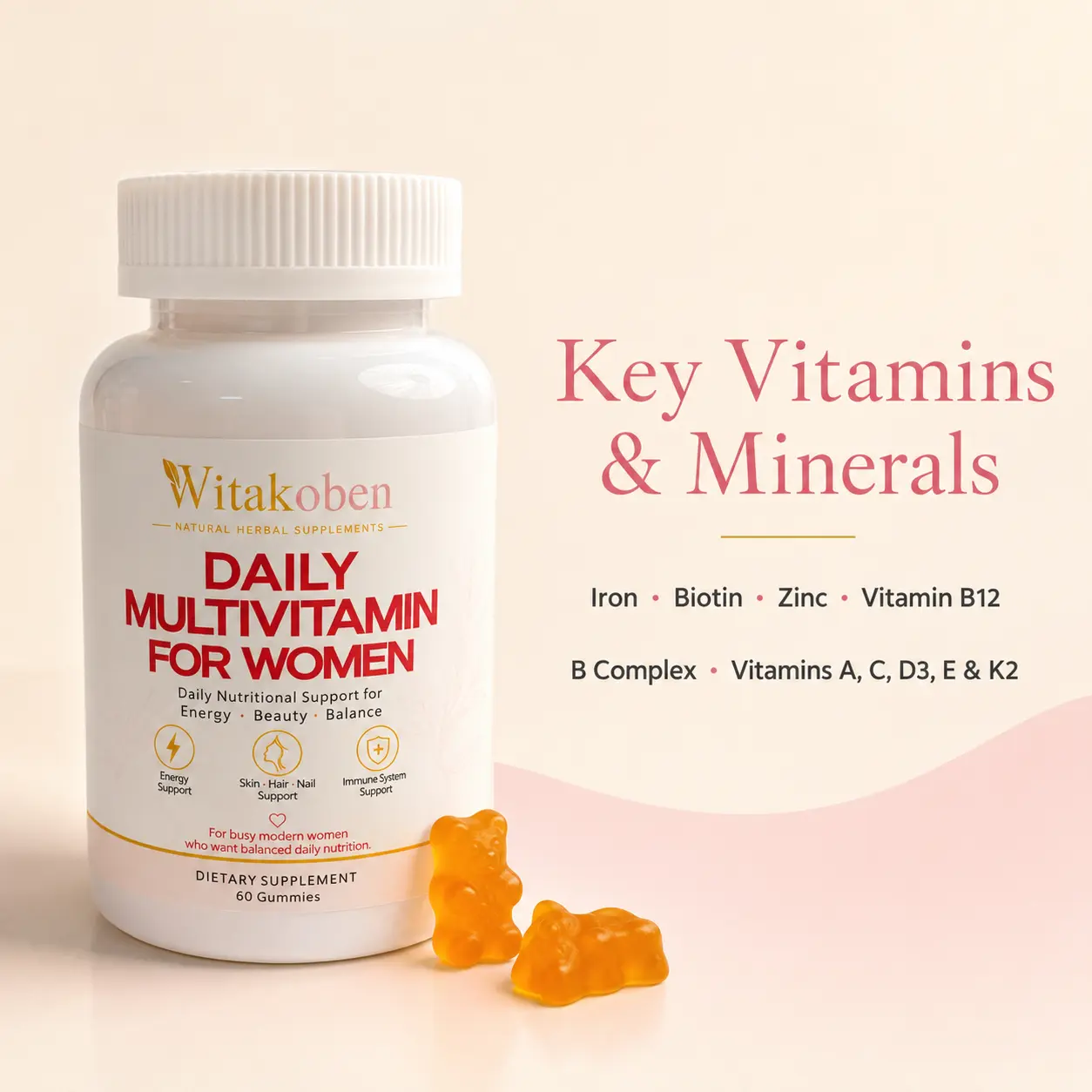 WITAKOBEN Multivitamin Gummies for Women with Iron, Biotin, Zinc, Vitamin B12, B Complex, Vitamins A, C, D3, E & K2, 60 Count