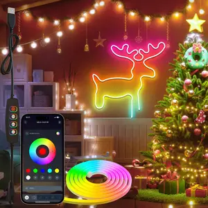 5V LED Neon Rope Light, LED Light Strips, Smart 5050RGB+IC LED Lights with Built-in Microphone, USB Powered Application Control & Music Synchronization LED TV Light, DIY Creativity, Game Room Decor