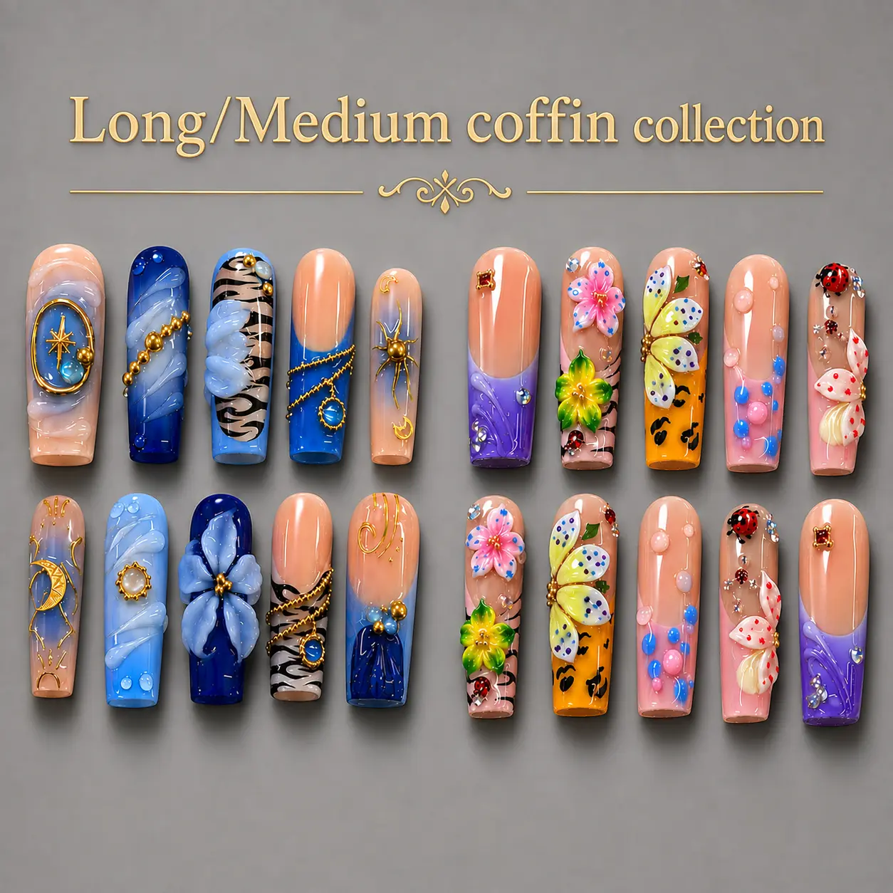 NAILCOUTURE Luxury Handmade 3D Nail Art Reusable| Long & Medium Square Coffin Nails | Acrylic Gel Press On Nails | Summer Floral Butterfly Shell Collection | Glossy Salon Quality