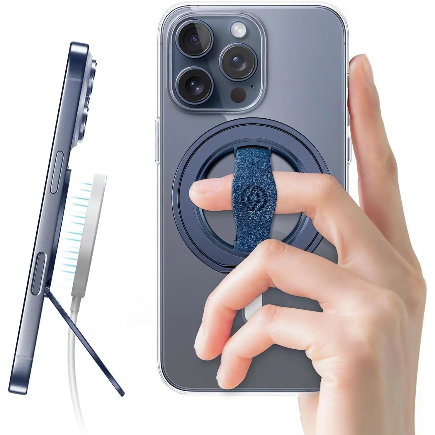 MagOne 3rd Gen [Compatible with MagSafe] Phone Grip Stand with Finger Strap, Removable  Ring Holder Kickstand Loop for  16,15, 14, 13, 12 Series-(Blue)