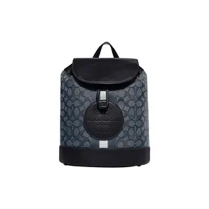 COACH Dempsey 26 Classic Monogram Drawstring Top-Zip Backpack for Women, Chambray and Pebbled Leather, Navy