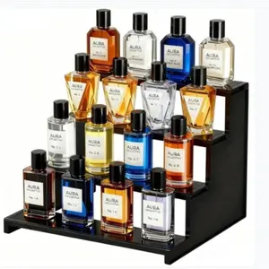 Black Display Risers Stand, 4 Tier, Plastic Cologne Display Shelf Organizer Perfume Stand, Display for Vanity, Dresser, Figures, Cupcake, Dessert, Spice, Fragrance, Countertop Perfume Tray, Countertop, Cabinet Use