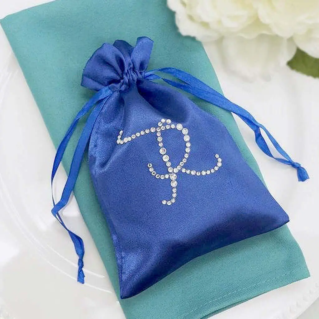 100-Pack Personalized Diamond Accents Plastic Letters Satin Drawstring Bags, 5"x7" Customizable Gift & Candy Bags for Weddings, Glamorous Look Office Stationery Wrapping Supplies with Personalization