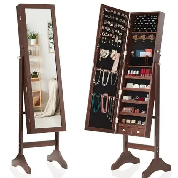 Jewelry Armoire Cabinet, Full Length Standing Mirror, Lockable Makeup Storage Organizer, w/Velvet Lining, 3 Angles, Lock, Accessory Pouch, 5 Shelves Independent jewelry wardrobe, 47.3-inch full-length jewelry organizer standing mirror, velvet lining summe