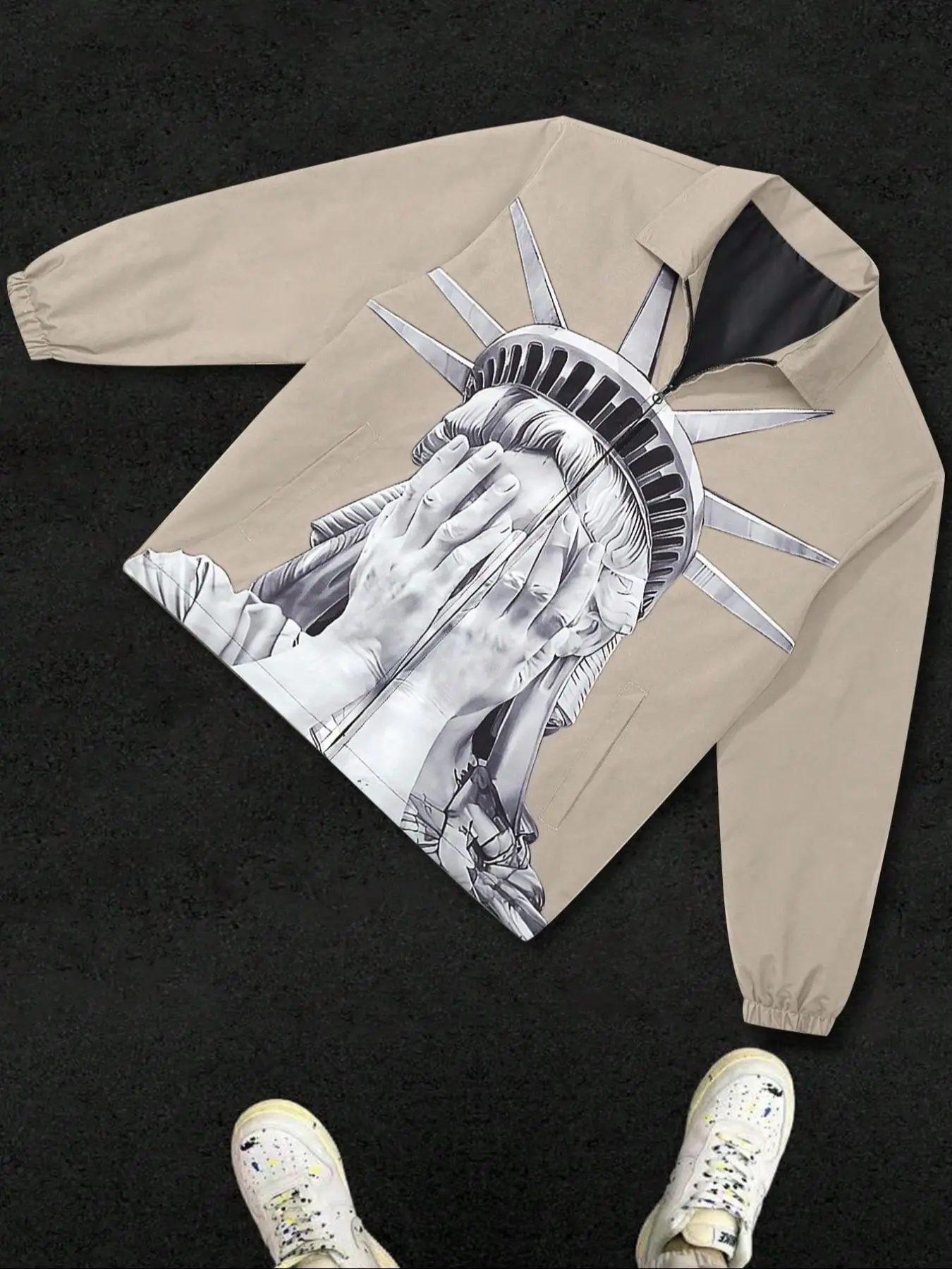 Men's Regular Fit Statue Of Liberty Print Graphic Zip Up Jacket, Casual Fashion Comfy Long Sleeve Collared Outerwear for Daily Outdoor Wear, Men Cloth