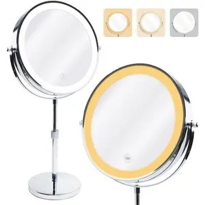 Makeup Mirror with Lights, 9" Large Magnifying Mirror with 1X/10X, 360?Rotation  Mirror, 3 Color Brightness Adjustable Light Up 5000mAh Rechargeable, Double-Sided,  for Women