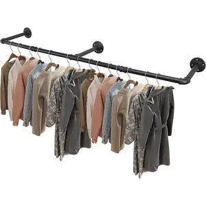 Industrial Pipe Clothes Rack, Heavy Duty Detachable Iron Garment Rack Wall Mounted, Rustic Saving Space Clothes Bar Multi-Purpose Hanging Rod for Bedroom, Closet, Black (60 Inch)