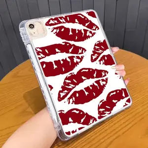 Red Lip Print TPU Shockproof Clear iPad Case, Slim Soft Cover with Built-in Pencil Holder, Compatible with iPad 10.5/10/9/8/7, Mini 4/5/6, Air 4/5/6 & Pro 11"Series.Slim Portable Single-Side Protection