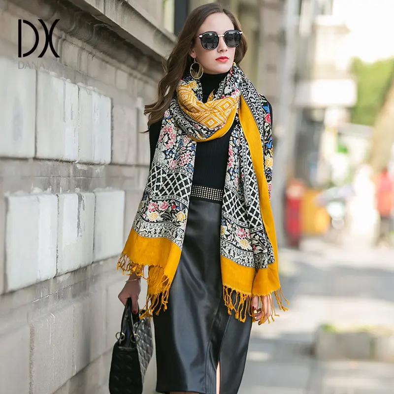 DANA XU 100% Merino Wool Extra Large Pashmina Blanket Travel chunky Scarf Cashmere Wrap for Women Fall Winter Oversize Shawl Floral Fashion Style