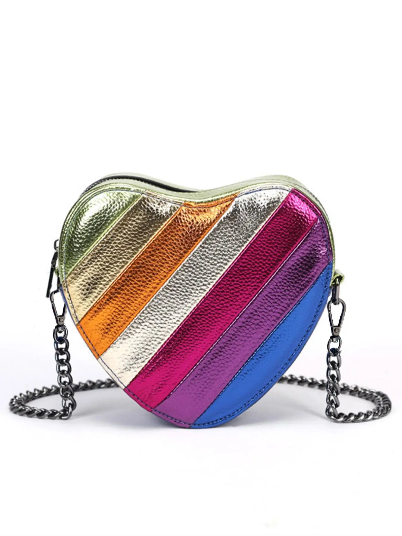 Women's Color Block Heart Shaped Summer Crossbody Bag, Fashionable Chain Strap Zipper Shoulder Bag for Summer Daily Used, Casual Trendy Versatile High