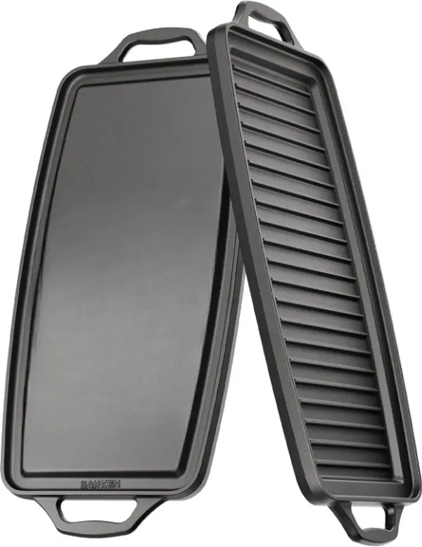 Bakken 19” Pre-Seasoned Reversible Cast Iron Griddle - Flat & Grill Side Dual Burner Cooking Plate, Nonstick Heavy-Duty Top, Oven & Campfire Safe for Pancakes, BBQ Party Meats, Includes Mitt, Campfire / Bbq Party, Bbq/Campfire