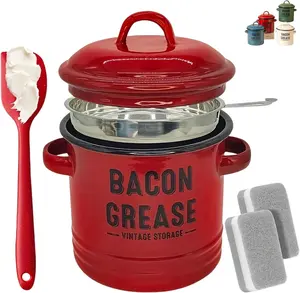 46 OZ Bacon Grease Container with Strainer,Vintage Grease Container for Kitchen with Filter &Spatula, Bacon Grease Saver - Filtering OutImpurities, for Cooking Frying/Baking/Fat StorageJar (Red)