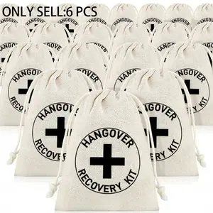 6-Pack Hangover Relief Kit Party Gift Bags, Drawstring and Printed Design, Ideal for Jewelry Packaging, Perfect for Parties and Gifts