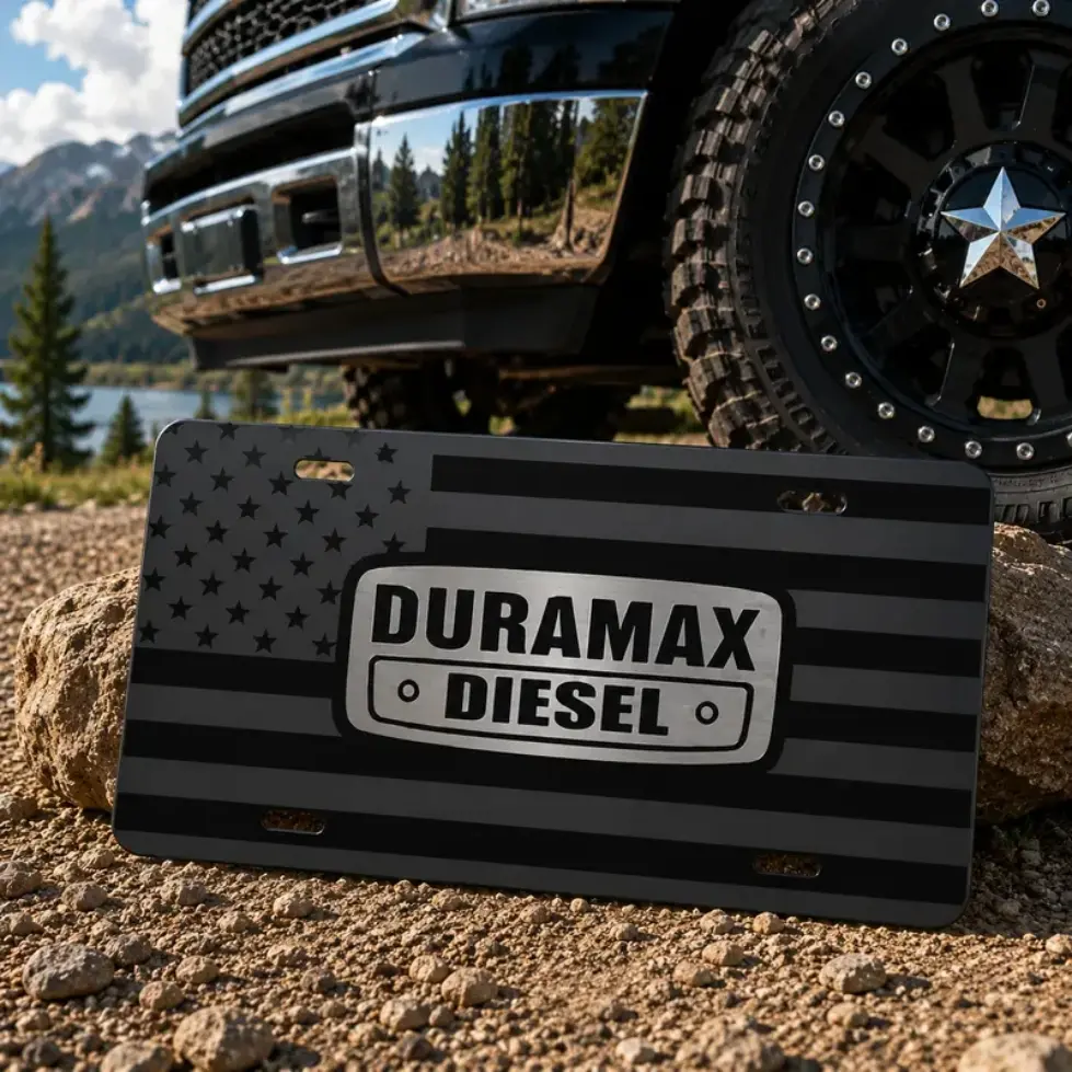 Diesel Truck American Flag License Plate | Patriotic Diesel Garage Decor | Black Metal Truck License Plate | Automotive Wall Sign | Truck Lover Gift