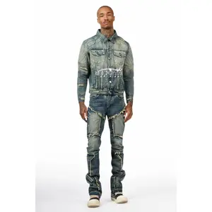 Throttle Blue Denim Jacket/Stacked Flare Jean Set